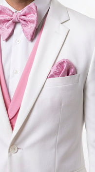 Men’s White and Light Pink Tuxedo Wedding Suit with Dinner Jacket, Vest, Pants and Bow Tie