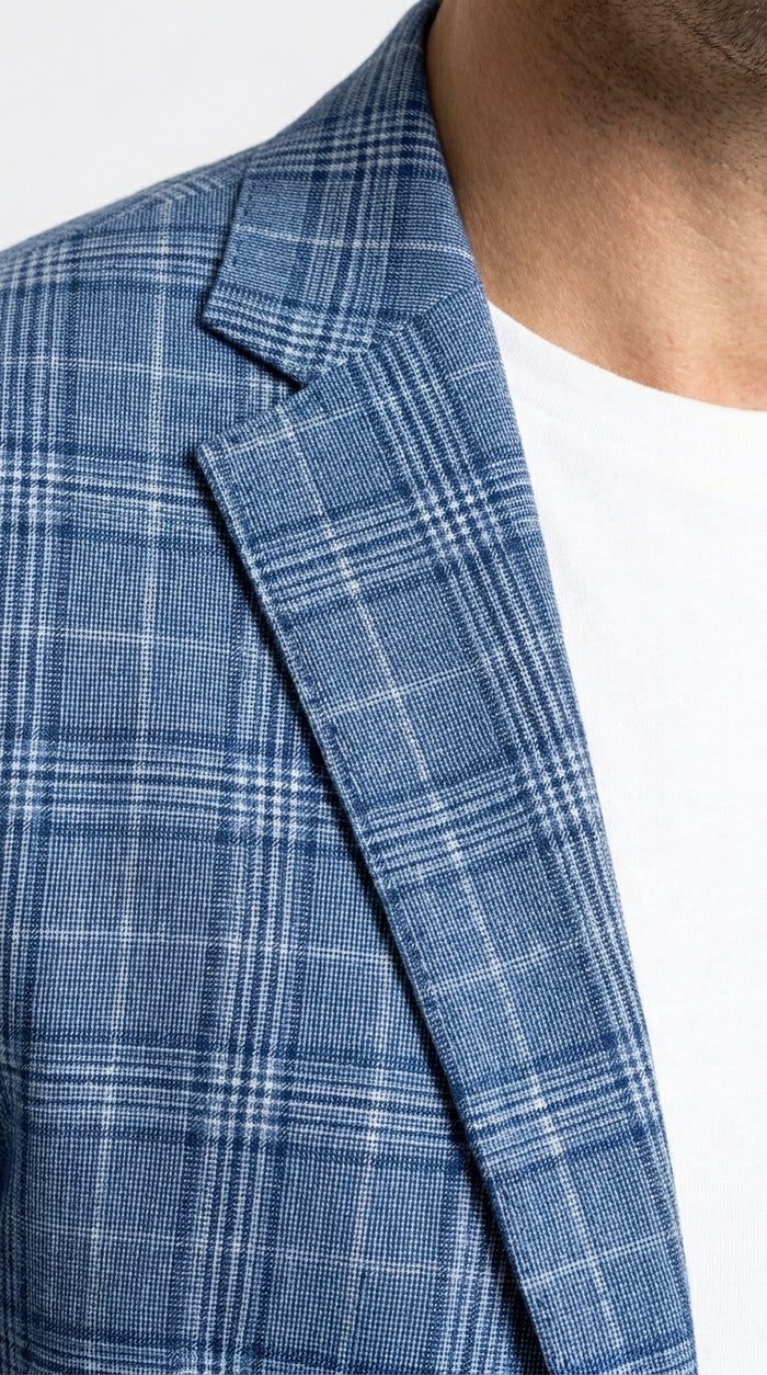 Men’s Blue Plaid Windowpane Blazer, Textured Pattern Sport Coat for Weddings, Parties, Business Casual, and Special Occasions