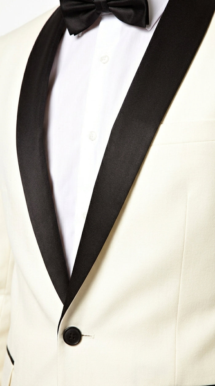 Men’s Ivory Cream Dinner Jacket Tuxedo with Black Shawl Lapel, White Blazer and Black Trouser Formal Suit for Weddings, Prom, Parties, and Special Occasions