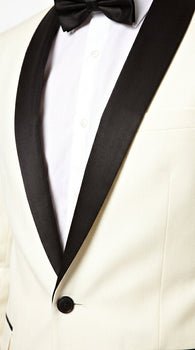 Men’s Ivory Cream Dinner Jacket Tuxedo with Black Shawl Lapel, White Blazer and Black Trouser Formal Suit for Weddings, Prom, Parties, and Special Occasions