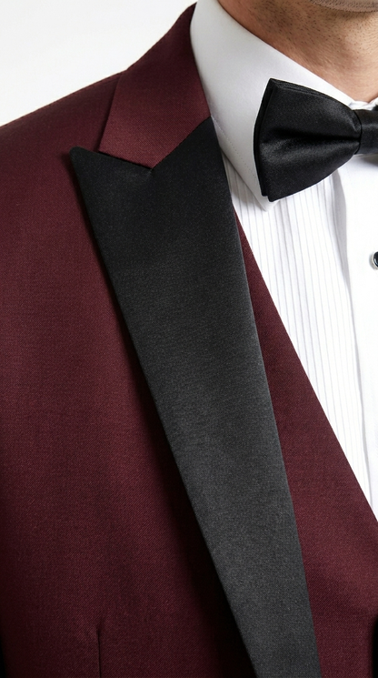 Men’s Burgundy Wine Tuxedo Suit with Black Peak Lapel, Jacket and Pants Formal Dinner Suit