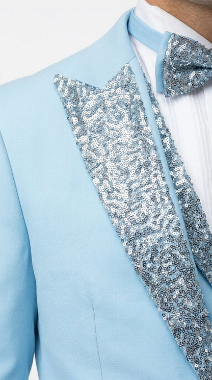 Men’s Baby Blue Prom Tuxedo with Vested Suit, Rhinestone Sequin Lapel and Matching Pants