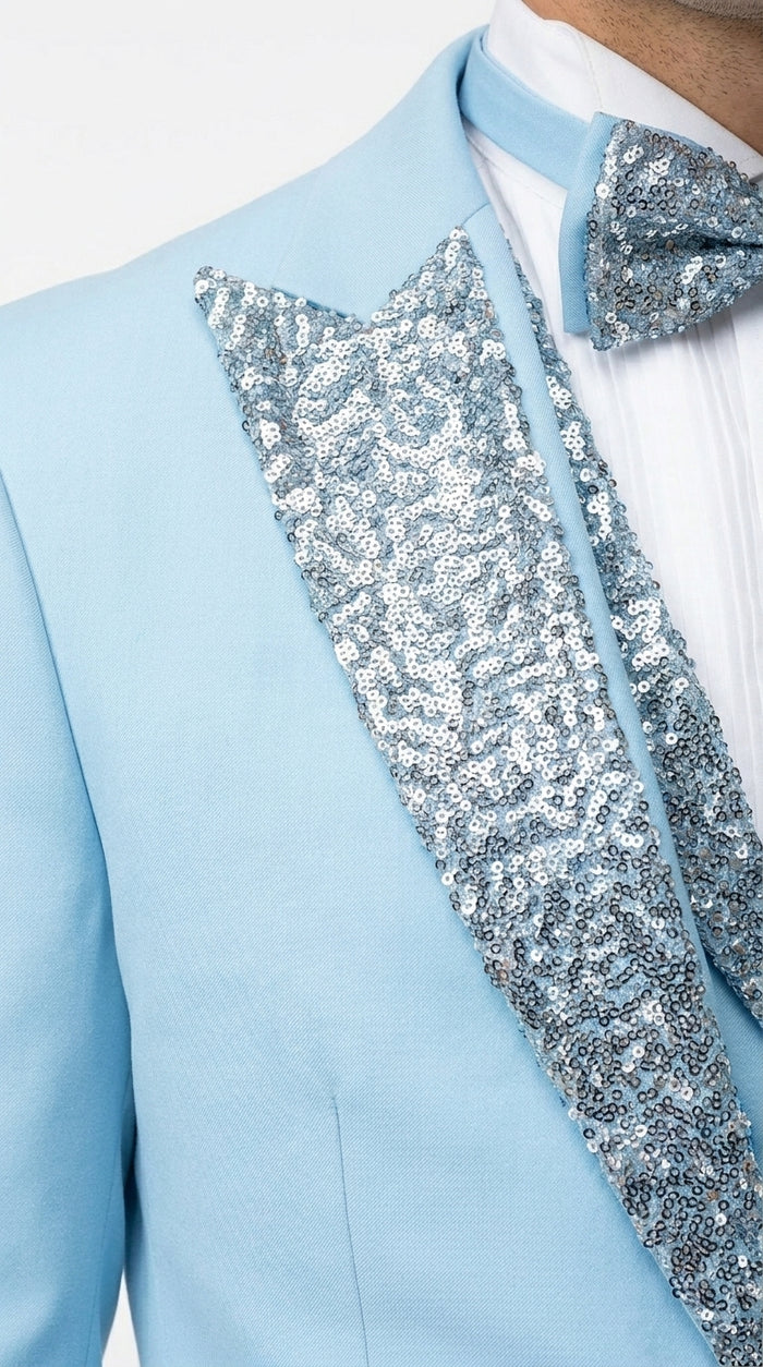 Men’s Baby Blue Prom Tuxedo with Vested Suit, Rhinestone Sequin Lapel and Matching Pants