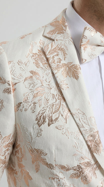 Men’s Gold and White Prom Suit with Floral Pattern Jacket, Matching Pants and Bow Tie Modern Fit