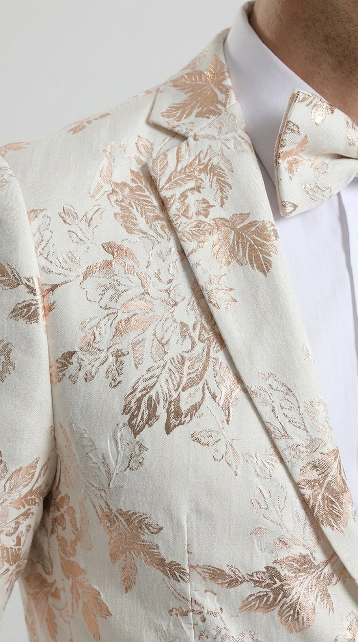 Men’s Gold and White Prom Suit with Floral Pattern Jacket, Matching Pants and Bow Tie Modern Fit