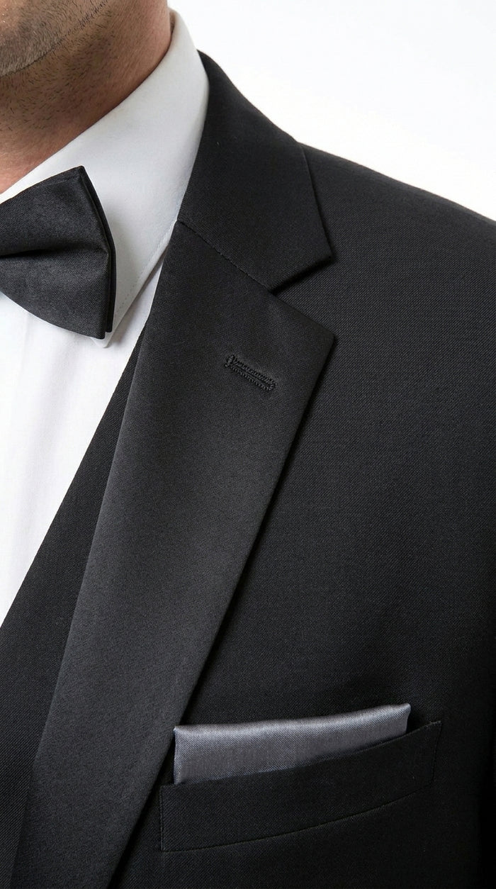 Men’s Black 2 Button Classic Vested Wedding Tuxedo with Satin Lapel and Matching Pants