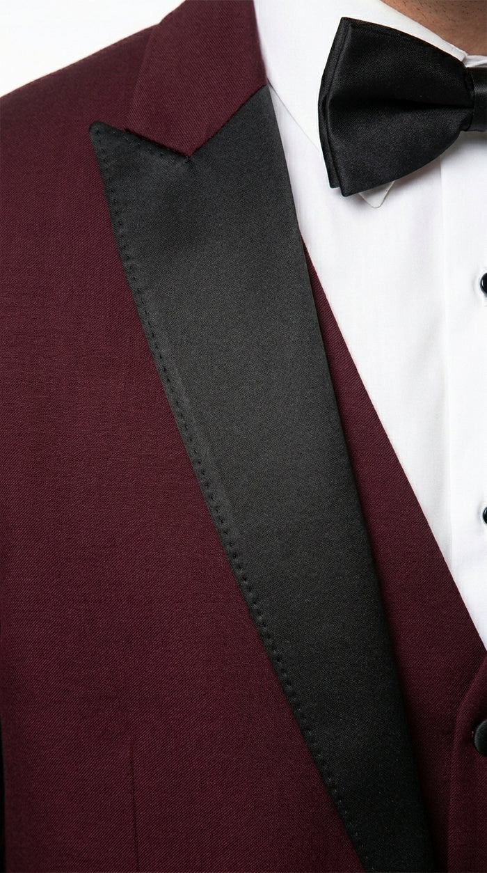 Men’s Burgundy Vested Wedding Tuxedo, One Button Jacket with Black Peak Lapel and Matching Pants