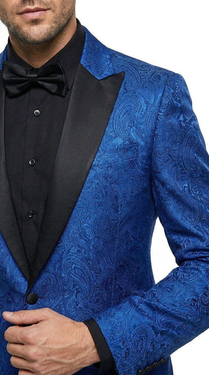 Men’s Royal Blue Indigo Paisley Prom Tuxedo Suit with Floral Jacket, Vest and Pants