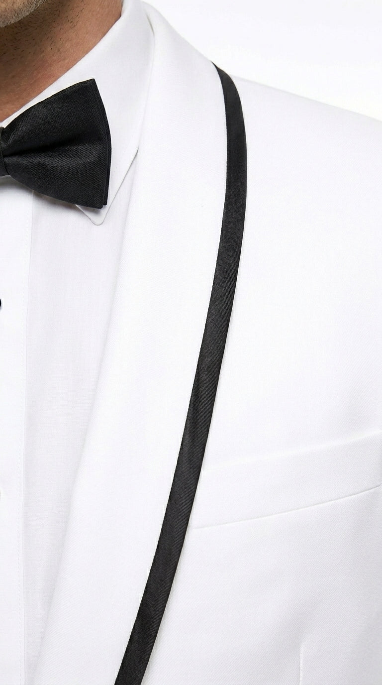 Men’s Waverly White 1 Button Shawl Tuxedo Jacket with Black Trim, Ike Evening Formal Blazer