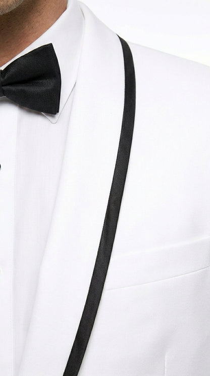 Men’s Waverly White 1 Button Shawl Tuxedo Jacket with Black Trim, Ike Evening Formal Blazer