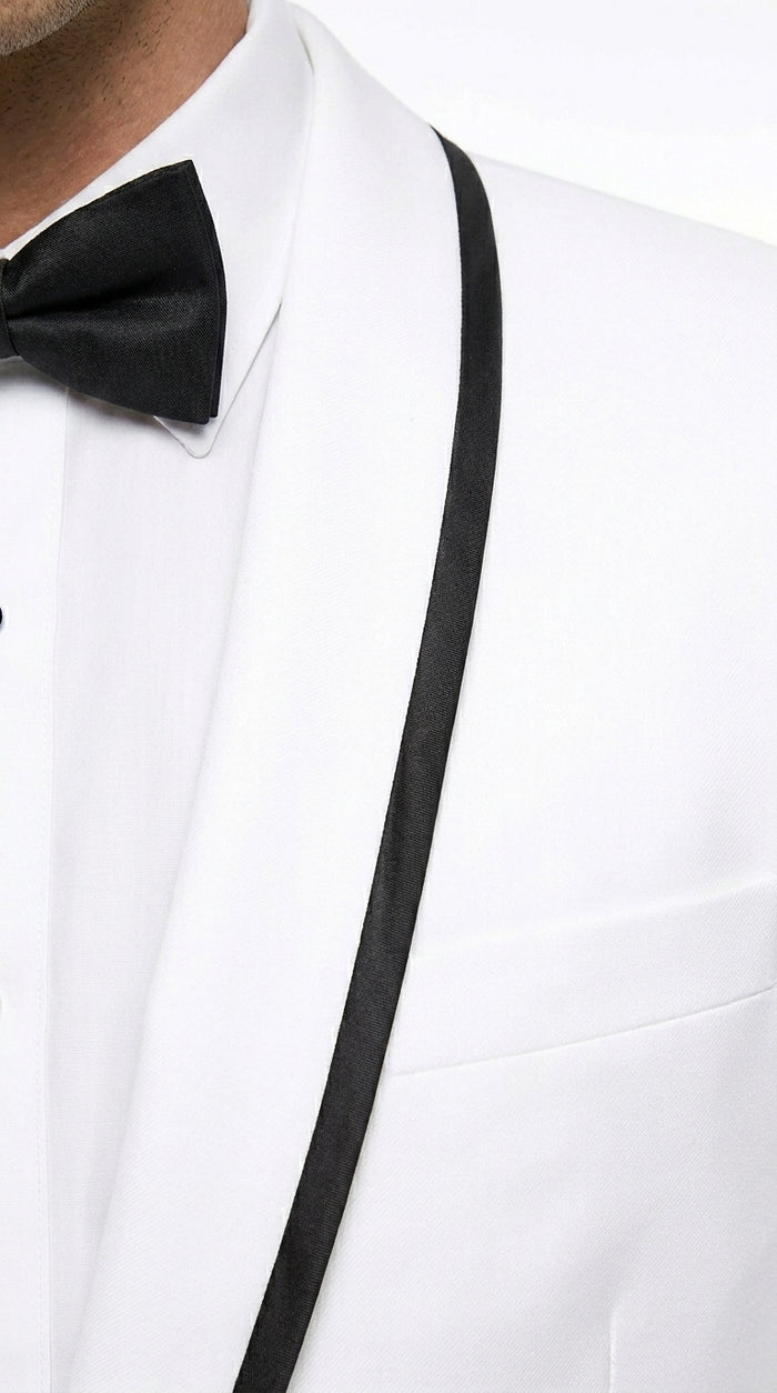 Men’s Waverly White 1 Button Shawl Tuxedo Jacket with Black Trim, Ike Evening Formal Blazer