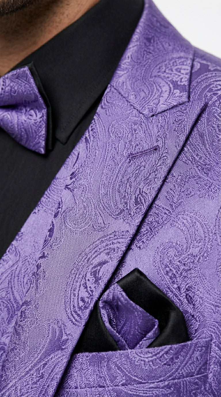 Men’s Purple Paisley Prom Tuxedo Suit, Wedding Floral Jacket with Matching Vest and Pants