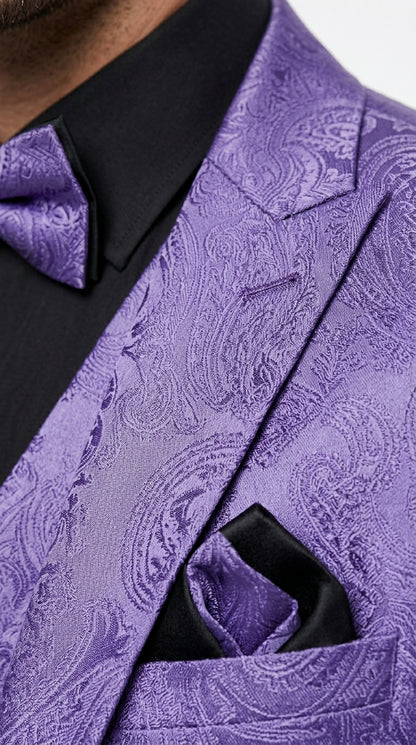 Men’s Purple Paisley Prom Tuxedo Suit, Wedding Floral Jacket with Matching Vest and Pants
