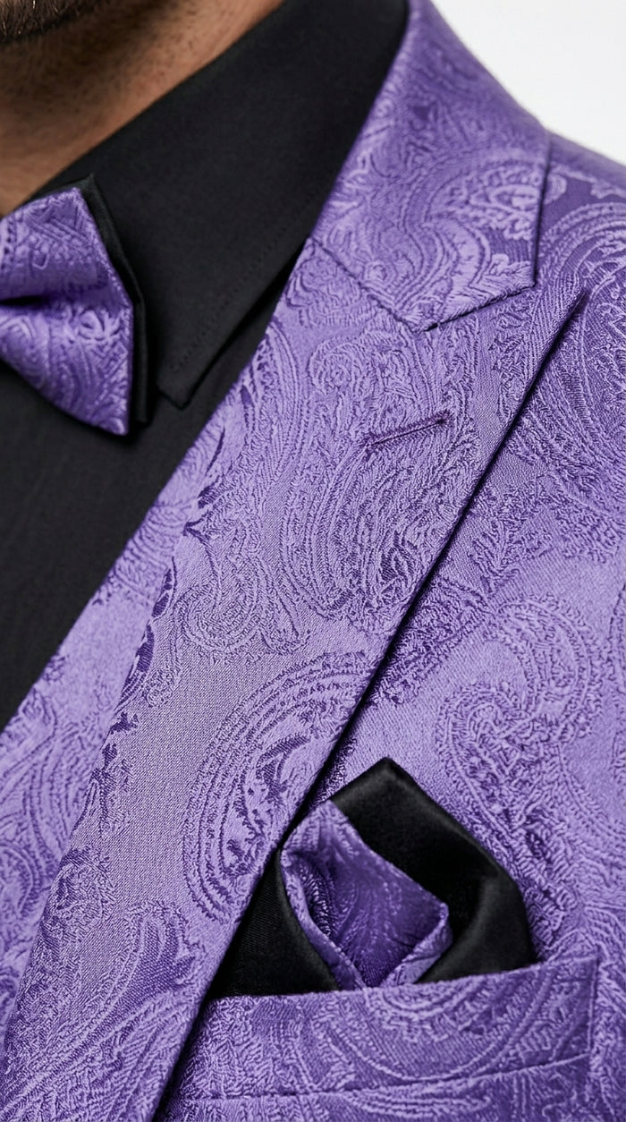 Men’s Purple Paisley Prom Tuxedo Suit, Wedding Floral Jacket with Matching Vest and Pants