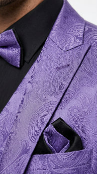 Men’s Purple Paisley Prom Tuxedo Suit, Wedding Floral Jacket with Matching Vest and Pants