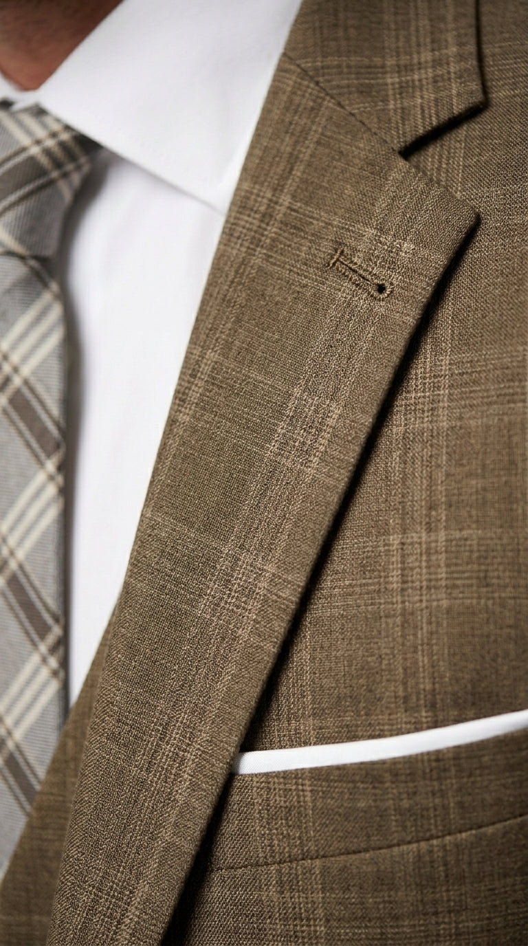 Men’s Taupe Tan Coffee Windowpane Plaid 3 Piece Suit, Two Button Vested Wedding Business Suit Set