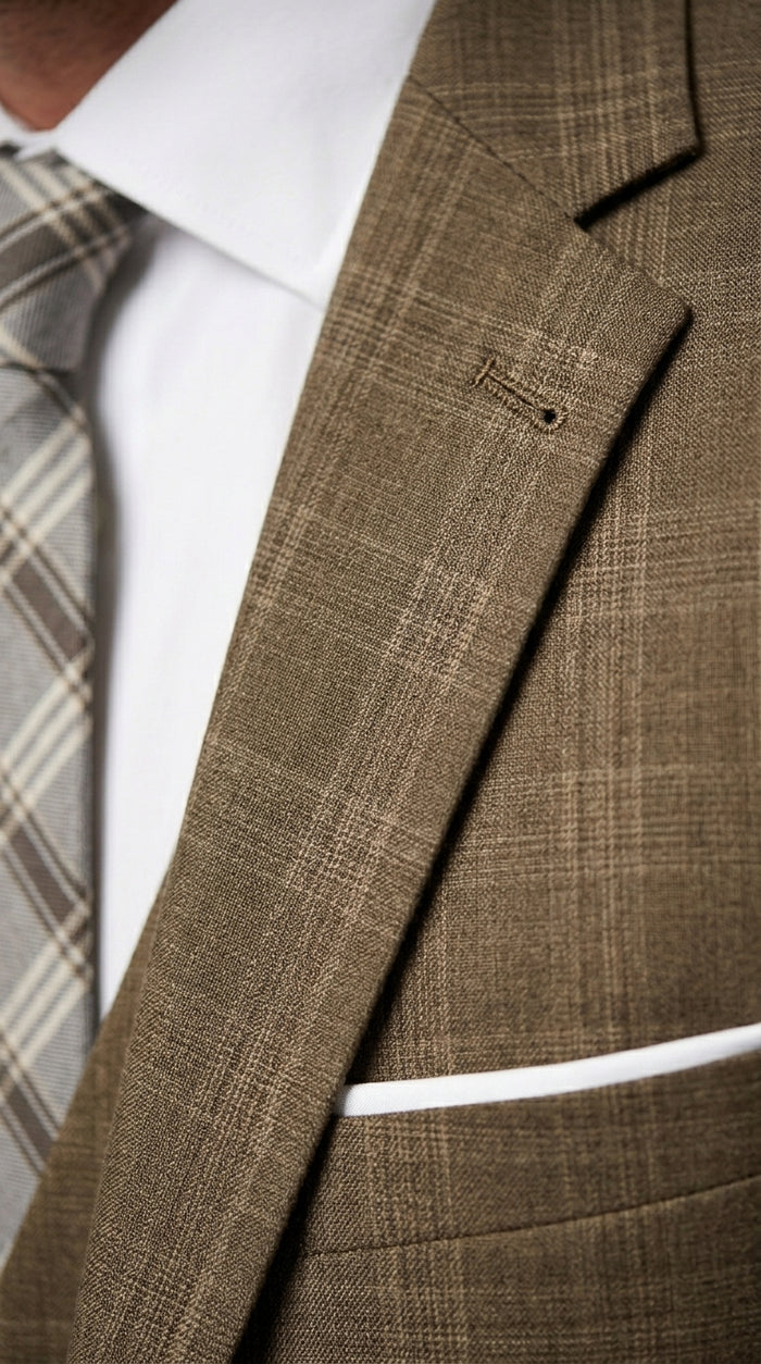 Men’s Taupe Tan Coffee Windowpane Plaid 3 Piece Suit, Two Button Vested Wedding Business Suit Set