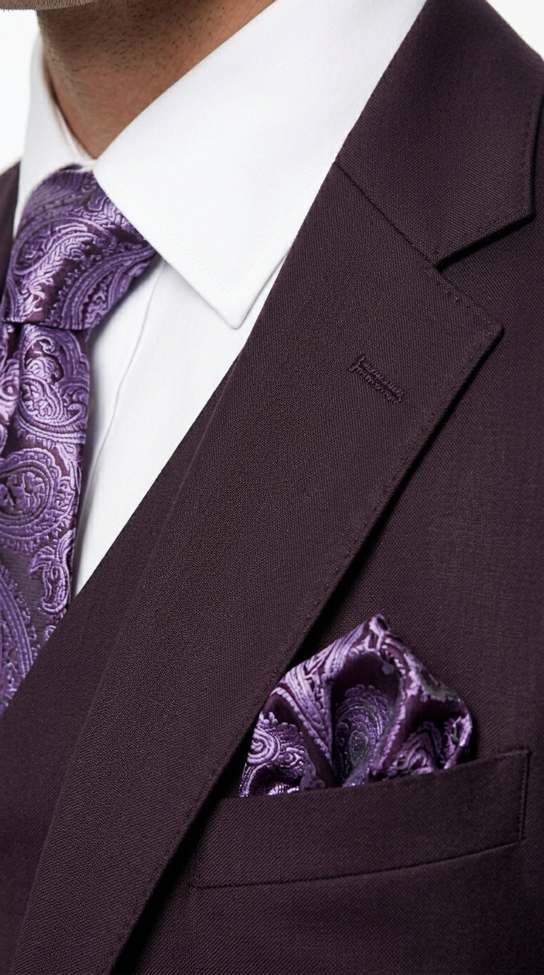 Men’s Very Dark Purple Plum Eggplant 3 Piece Suit, Classic Vested 2 Button Wedding Business Suit Set