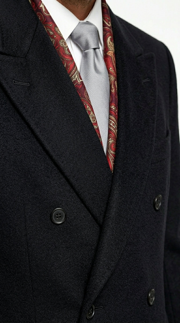 Men’s Black Six Button Fully Lined Overcoat, Long Winter Topcoat for Formal Business Wear