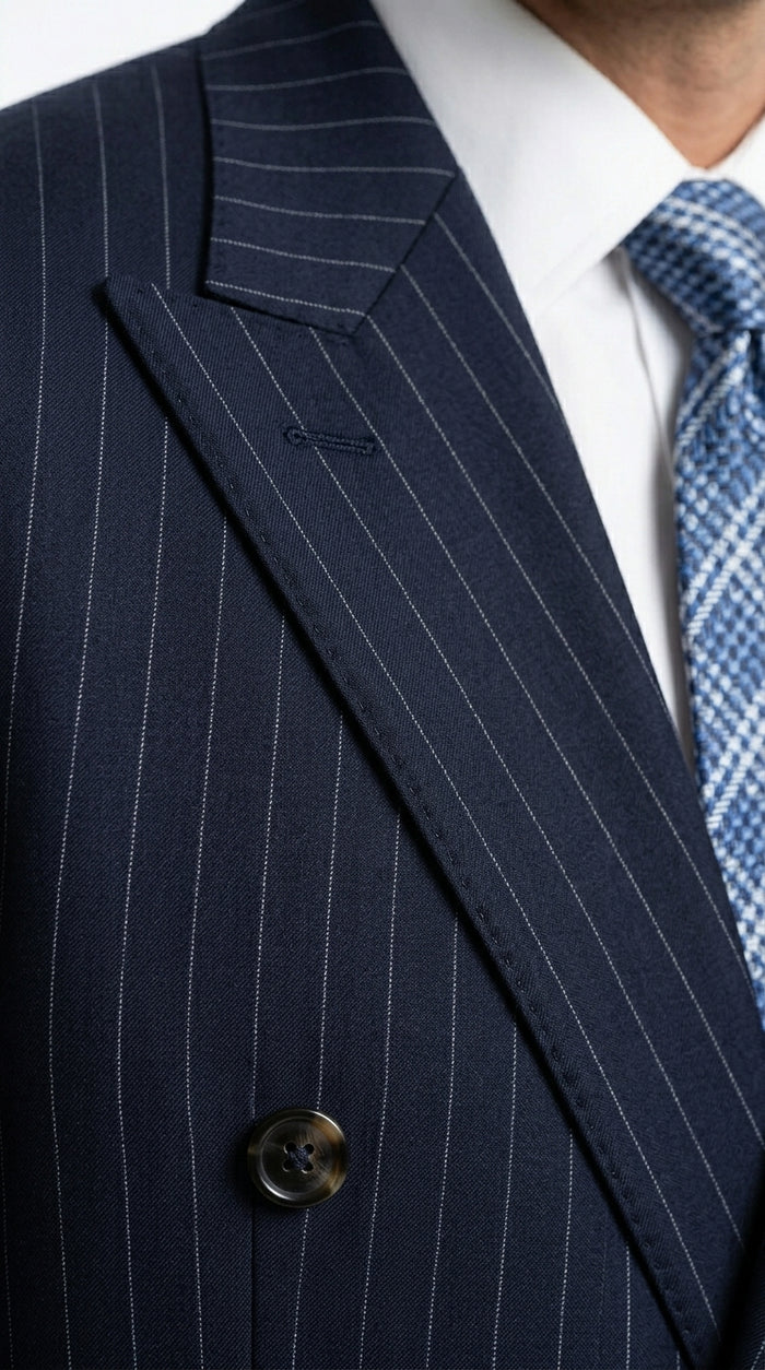 Men’s Dark Navy Blue Pinstripe Double Breasted Suit, Formal Business Wedding Dress Suit Set