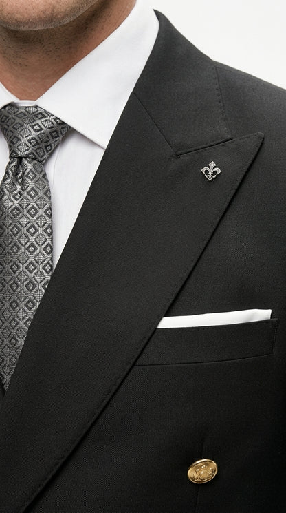 Men’s Black Double Breasted Wool Suit with Gold Buttons, Designer Formal Wedding Business Suit Set Modern Fit