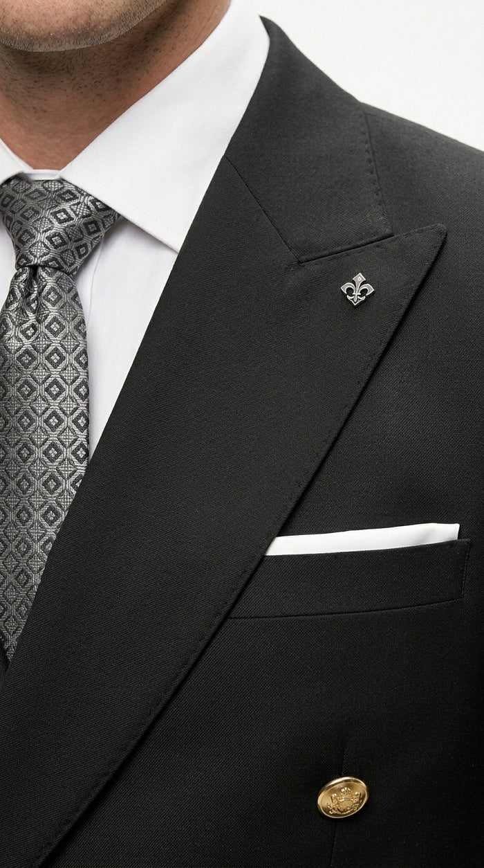 Men’s Black Double Breasted Wool Suit with Gold Buttons, Designer Formal Wedding Business Suit Set Modern Fit
