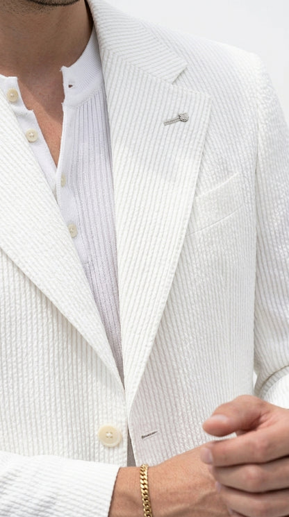 Men’s White Seersucker Suit with Shorts, Summer Wedding Beach Casual Mini Pinstripe Suit Set Modern Fit