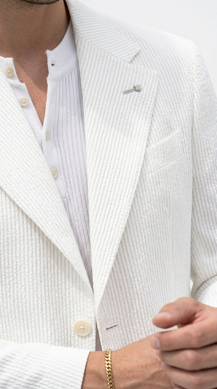 Men’s White Seersucker Suit with Shorts, Summer Wedding Beach Casual Mini Pinstripe Suit Set Modern Fit