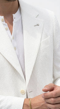 Men’s White Seersucker Suit with Shorts, Summer Wedding Beach Casual Mini Pinstripe Suit Set