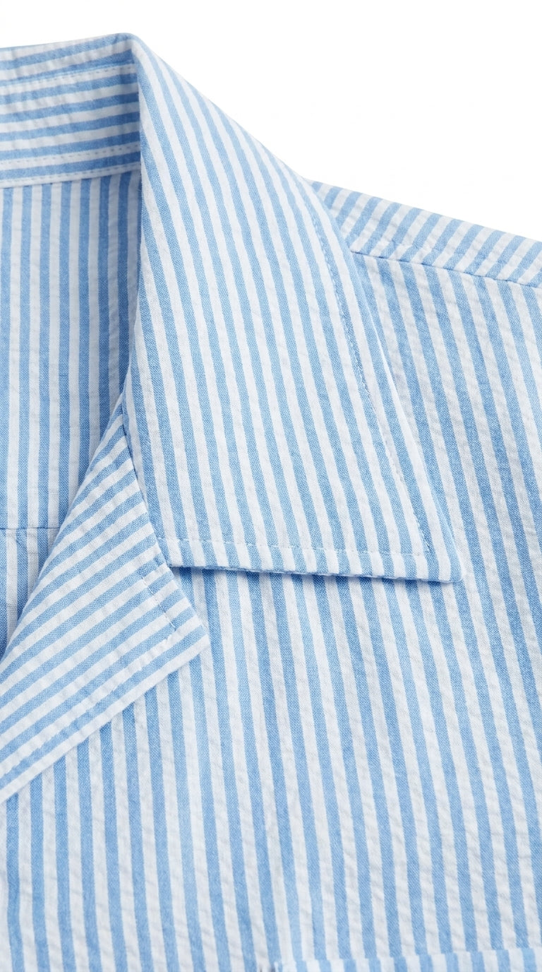 Men’s Blue Seersucker 2 Piece Walking Set, Short Sleeve Shirt and Pants Summer Outfit