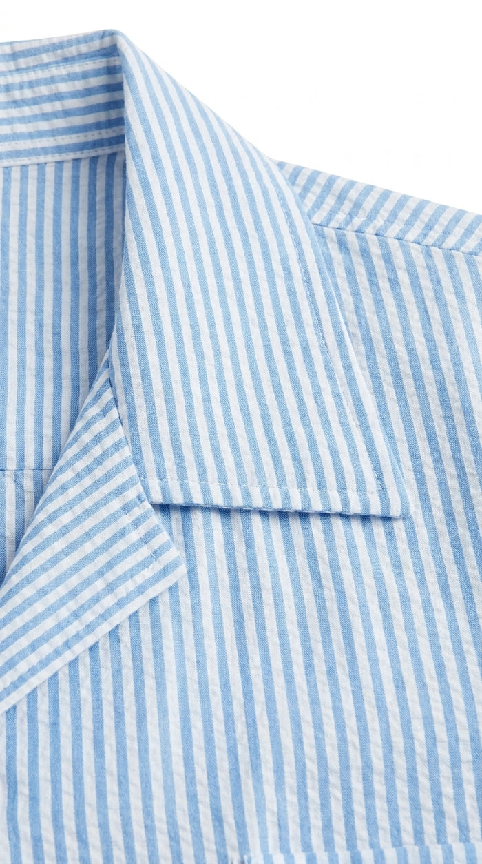Men’s Blue Seersucker 2 Piece Walking Set, Short Sleeve Shirt and Pants Summer Outfit