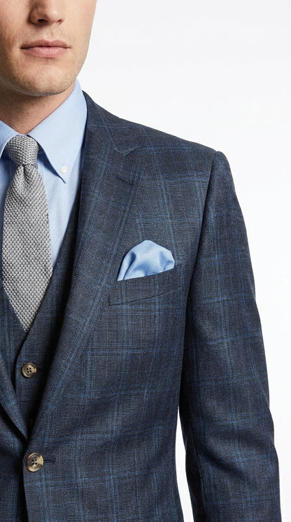 Men’s Charcoal Grey and Blue Plaid 3 Piece Vested Suit, Formal Wedding Business Dress Suit Set