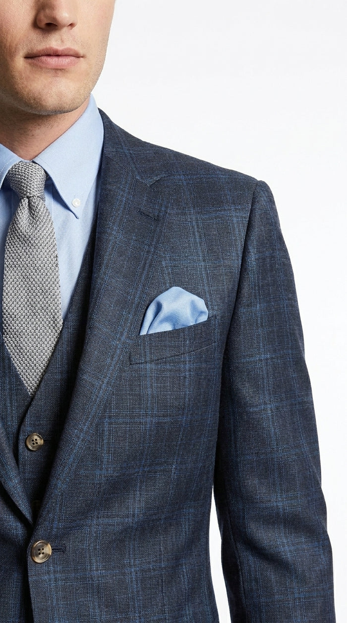 Men’s Charcoal Grey and Blue Plaid 3 Piece Vested Suit, Formal Wedding Business Dress Suit Set