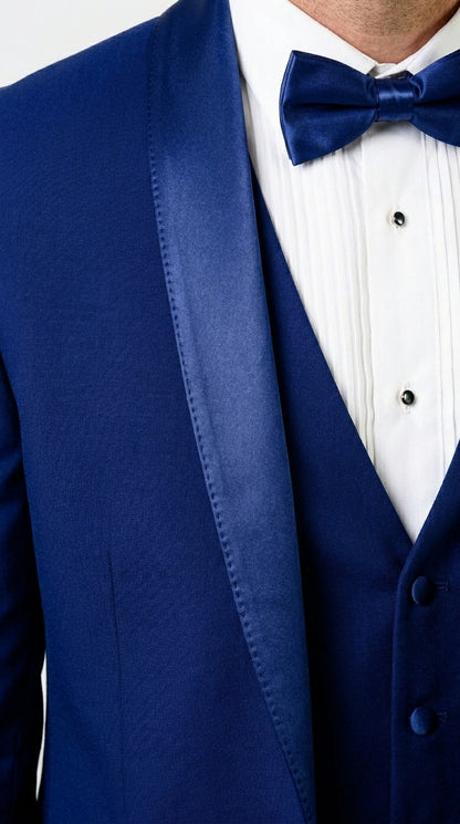 Men’s Bright Sapphire Blue 1 Button Shawl Lapel Vested Tuxedo, Formal Wedding Prom Dinner Suit Set