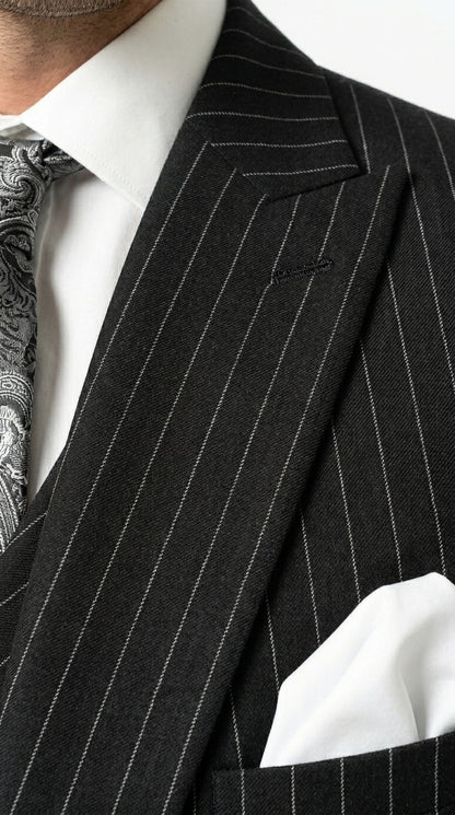 Mens Italian Wool Suit Color Black - Men's Designer Wool Pleated Pant Vested Black Gangster Pinstripe Suit