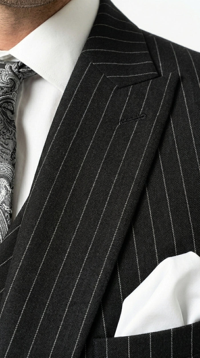 Mens Italian Wool Suit Color Black - Men's Designer Wool Pleated Pant Vested Black Gangster Pinstripe Suit