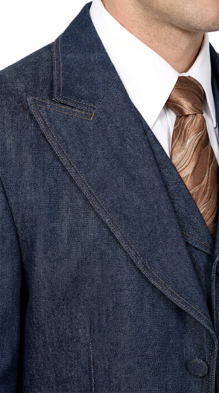 Men’s Blue Denim Zoot Suit with Long Jacket and Vest, Vintage Jeans Style Formal Outfit