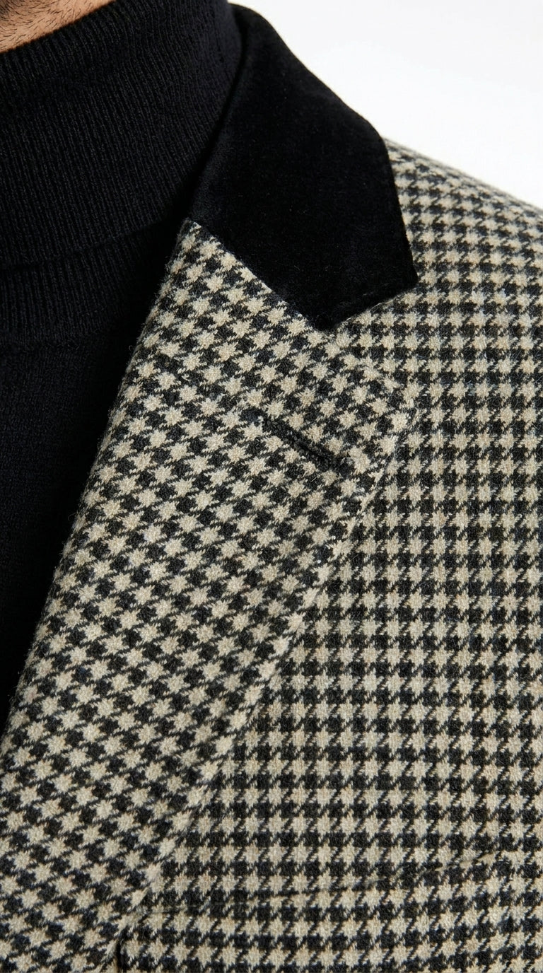 Men’s White and Black Houndstooth Checkered Blazer, Dress Casual Sport Coat Jacket