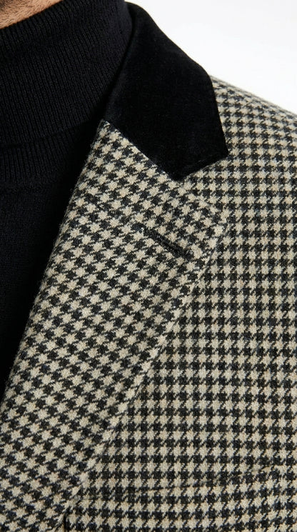 Men’s White and Black Houndstooth Checkered Blazer, Dress Casual Sport Coat Jacket