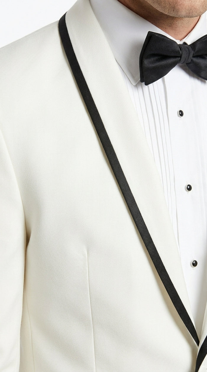 Men’s One Button Ivory Tuxedo Suit with Black Trim, Formal Wedding Prom Dinner Jacket
