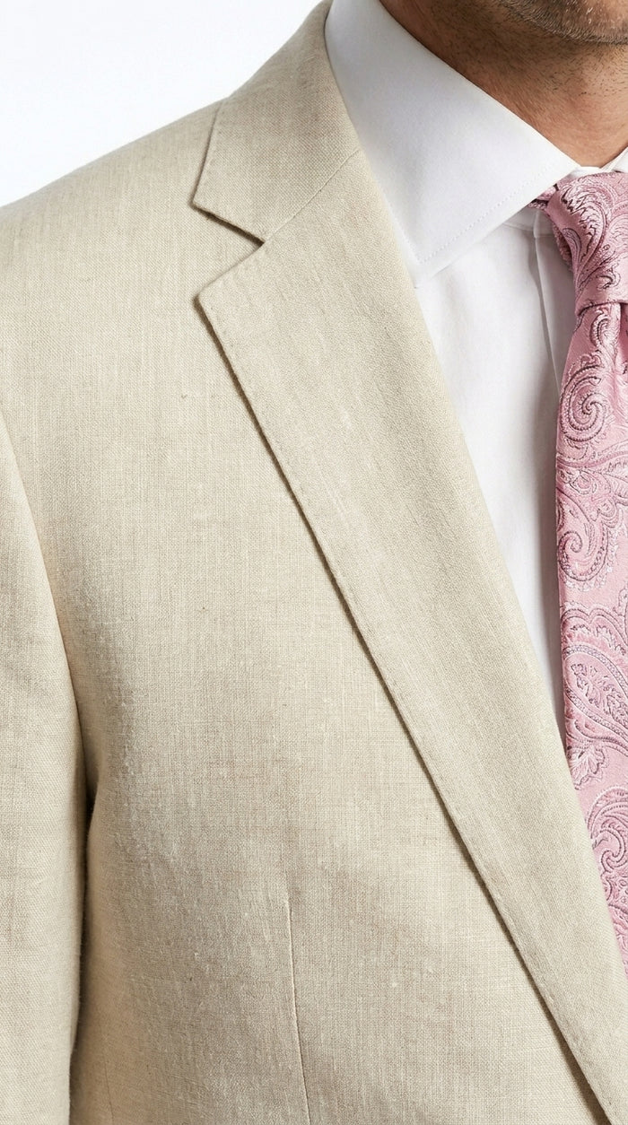 Men’s Natural Linen 2 Piece Suit with Side Vents, Two Button Regular Fit Summer Dress Suit