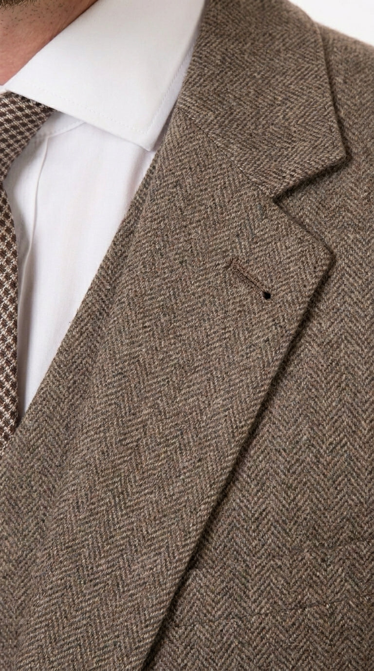 Men’s Vintage Brown Tweed Herringbone 1920s Suit, Classic Gatsby Style Dress Suit