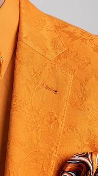 Men’s Mango Orange Blazer with Matching Shirt and Bow Tie, White Pants Formal Outfit