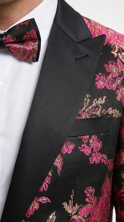 Men’s Fuchsia Pink and Black Floral Paisley Prom Tuxedo Suit, Shawl Lapel Wedding Party Formal Wear