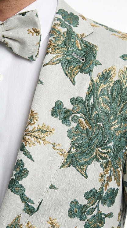 Men’s Green and Gold Floral Paisley Tuxedo Suit with Matching Bow Tie, Fancy Prom Wedding Formal Suit Set