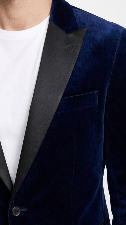 Men’s Navy Blue Velvet Tuxedo Jacket with Black Satin Lapel, Formal Sport Coat Dinner Blazer