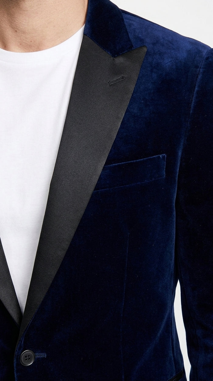 Men’s Navy Blue Velvet Tuxedo Jacket with Black Satin Lapel, Formal Sport Coat Dinner Blazer