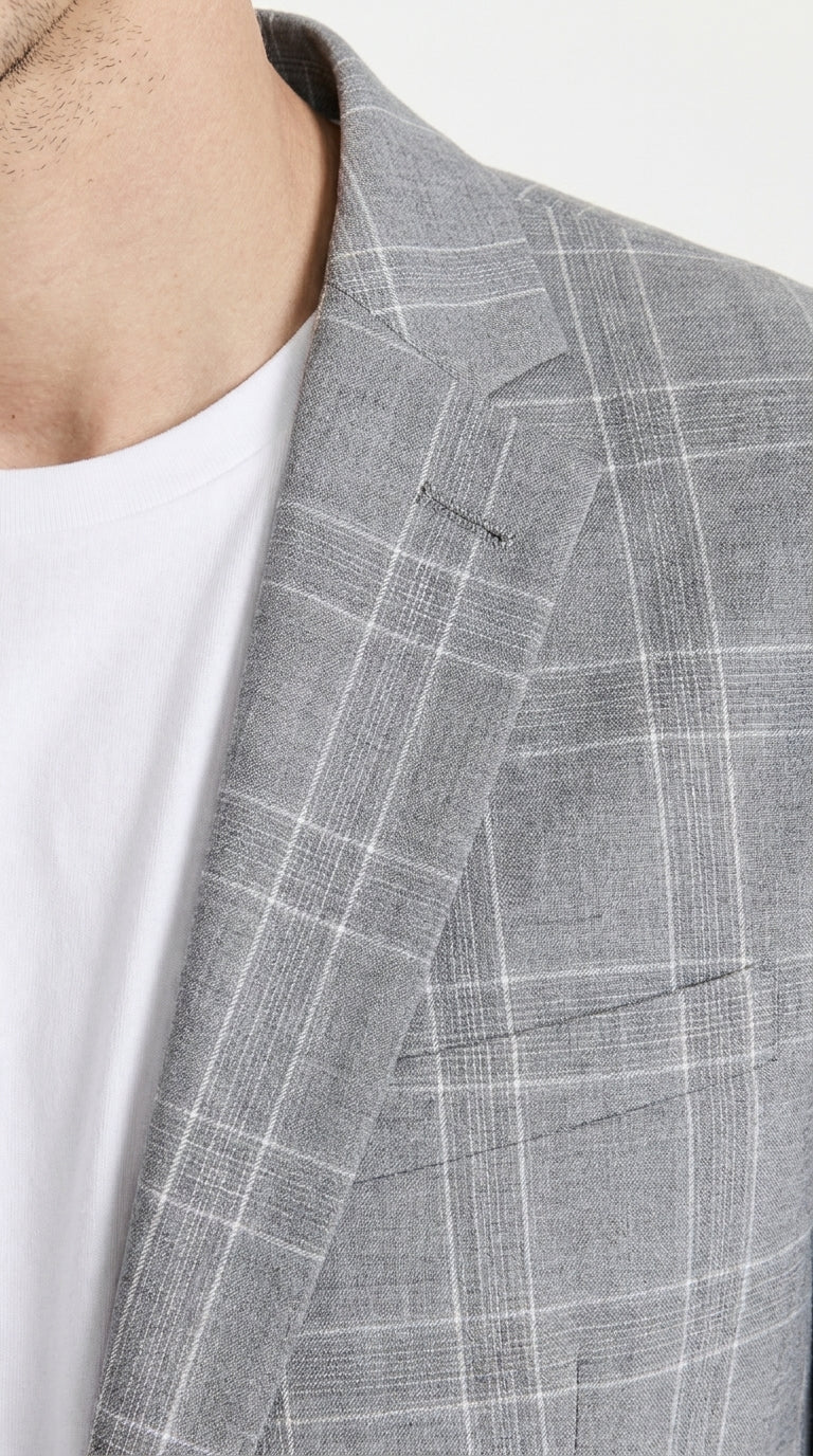 Men’s Light Grey Double Windowpane Plaid Western Blazer, Two Button Regular Fit Saco Vaquero Sport Coat