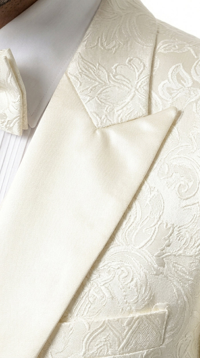 Men’s Champagne Ivory Paisley Dinner Jacket with Bow Tie, Off White Floral Formal Blazer