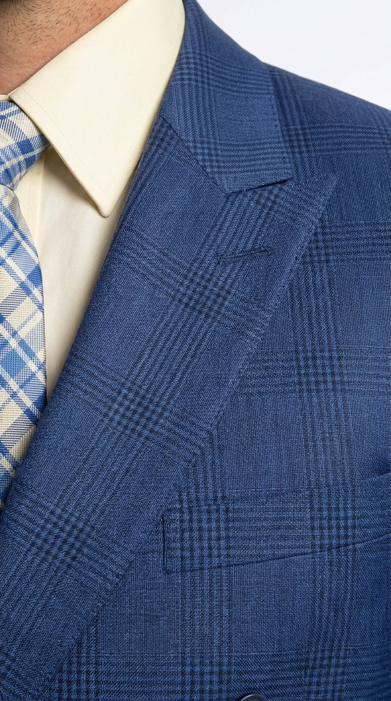 Vinci Men’s Blue Double Breasted Glen Plaid 2 Piece Suit, Formal Wedding Business Dress Suit Modern Fit